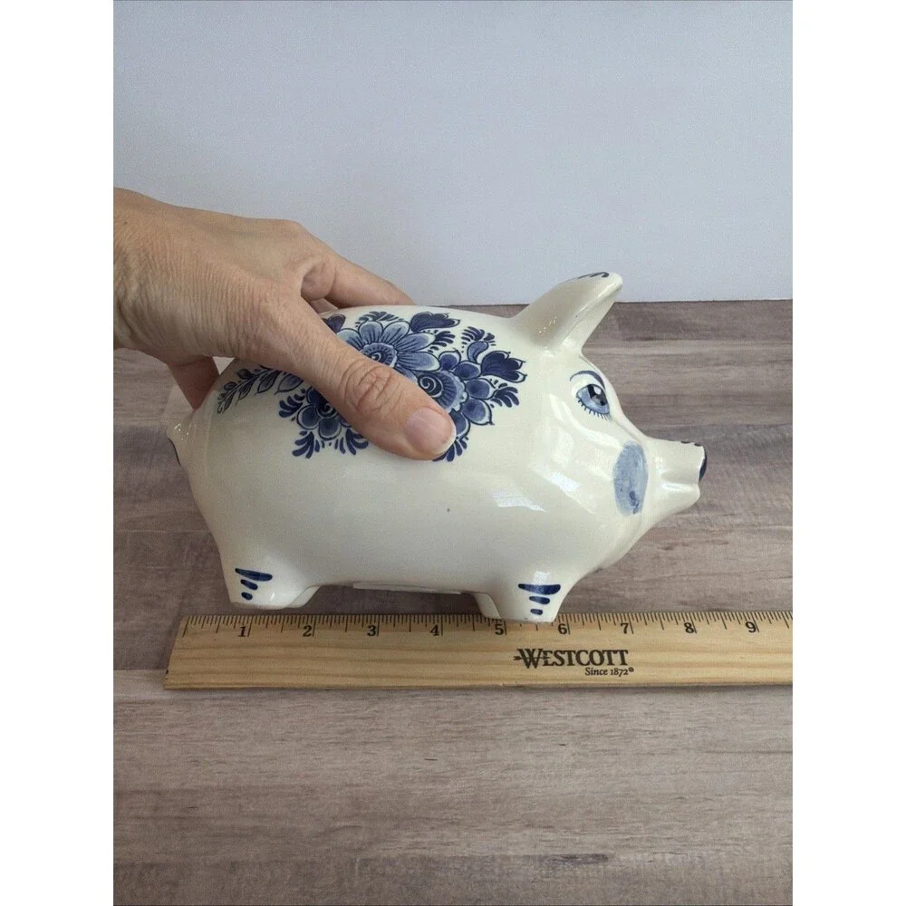 Delft Blue Holland Floral With Stopper Hand Painted Piggy / Coin Bank